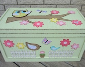 Daisy Garden Owl & Bird Toy Box - Hand Painted Wood Keepsake - Aloe Vera Green - Pottery Barn Kids Inspired