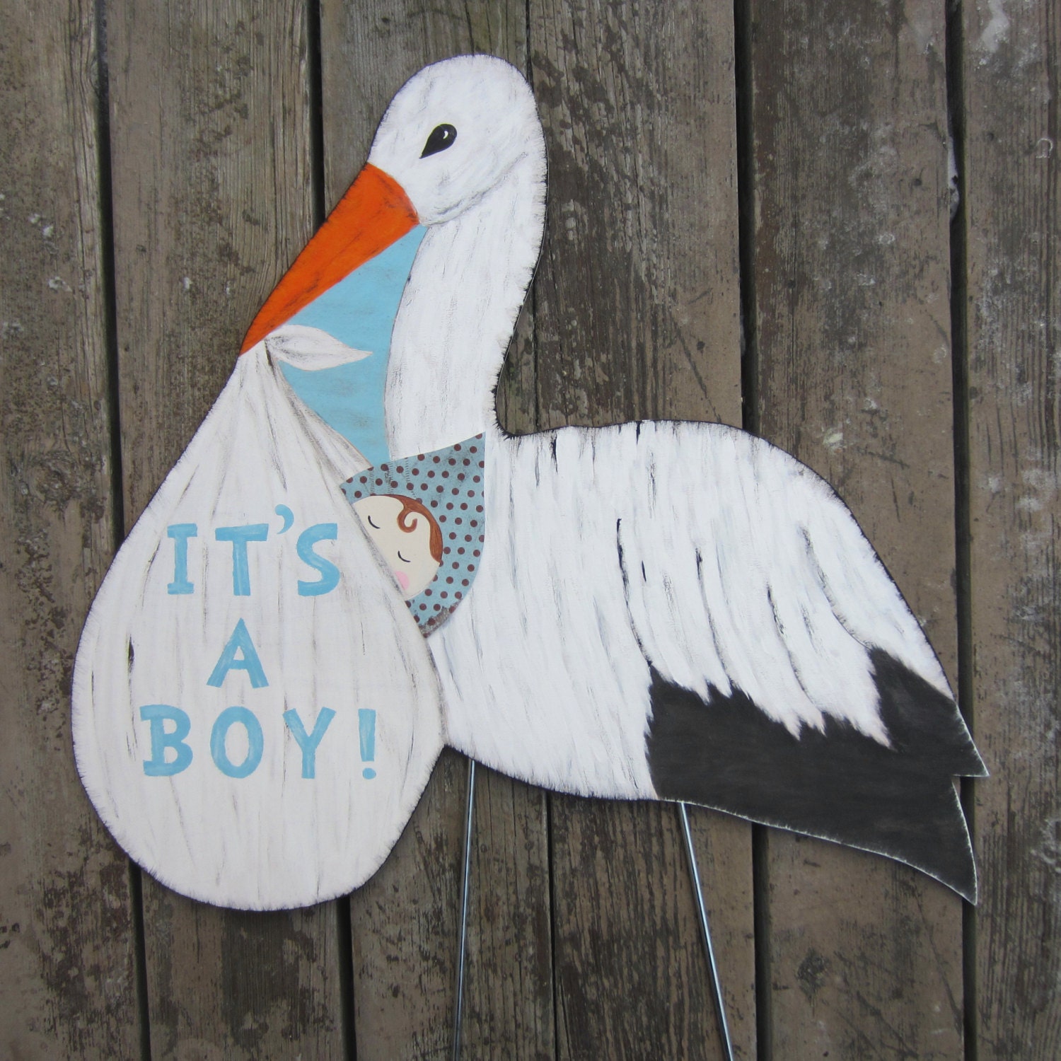 Stork Sign - Hand Painted Wood - Lawn Ornament - Gift Table Centerpiece - Nursery Room Wall Hanging Keepsake