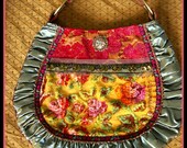 Vintage velvet Gypsy bag in Teal and yellow
