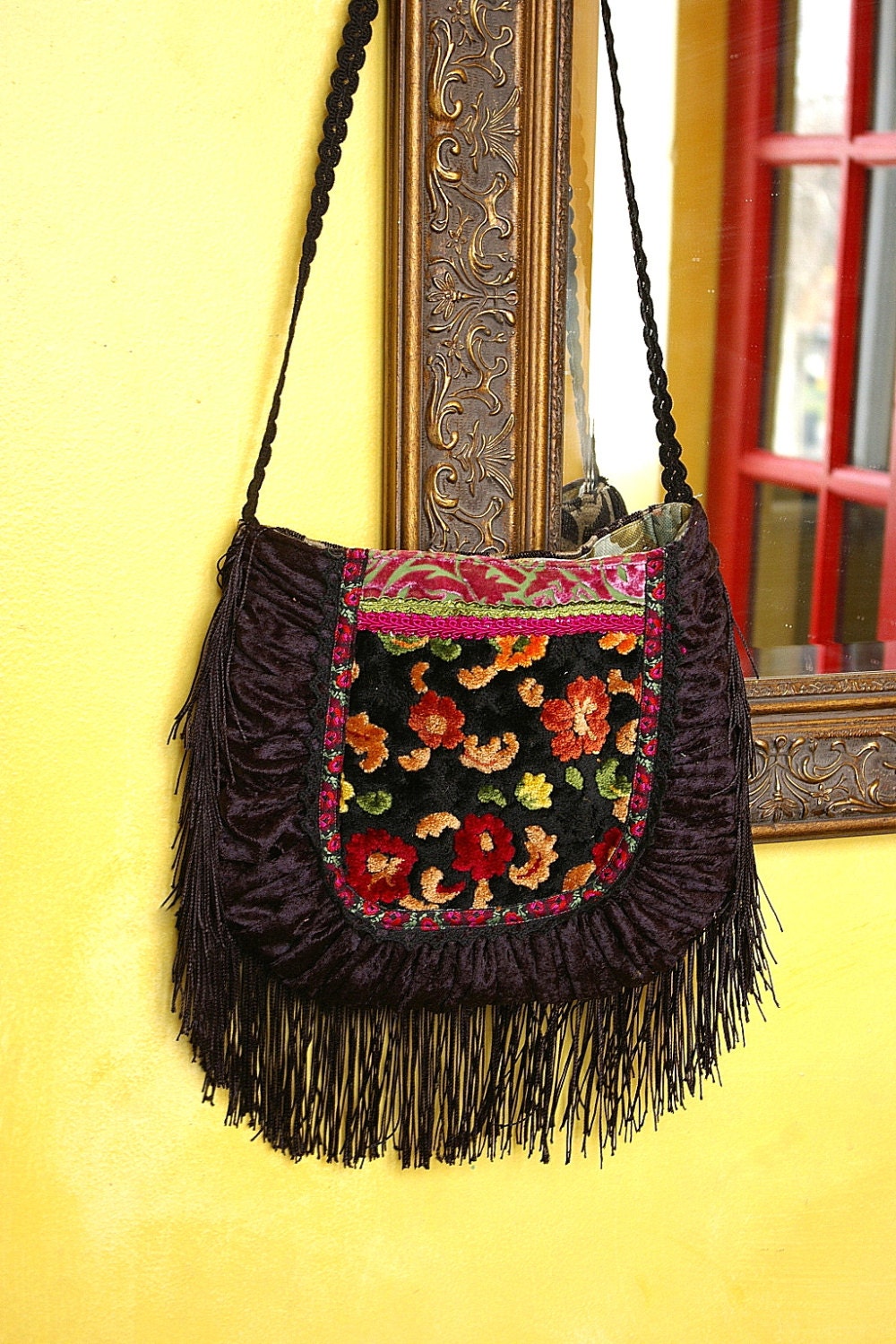 Girls night out Gypsy bag in Black floral velvet with fringe