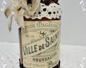 Paris Inspired Altered Art Bottle, Hand Created, French Graphic Label, Millinery Trims, ECS, CSSTeam
