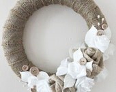 Burlap Wreath with Hand Created Roses,Leaves and Wood Buttons, ECS, CSSTeam