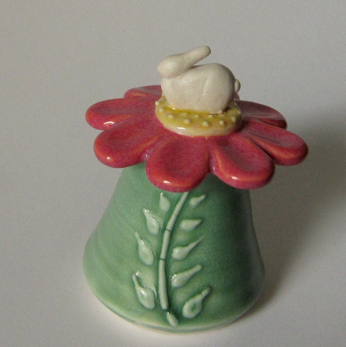 ON SALE...Spring  Bunny Jar in Porcelain Rose Daisy Lid and  Green Stem Base
