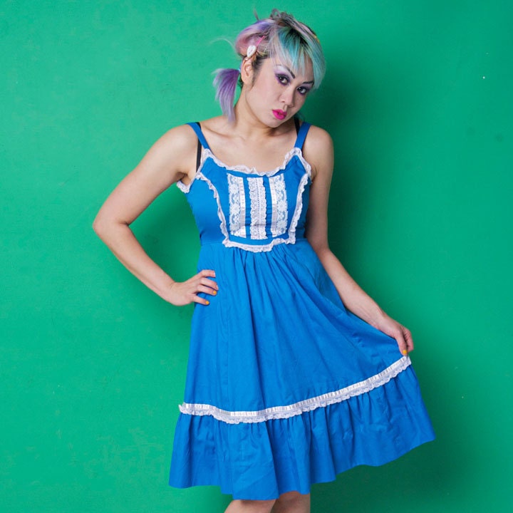 70s Vintage Blue Prairie Sun Dress Sundress Hippie Lolita Lace - XS