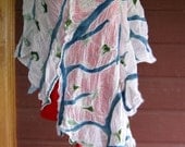 Cotton Nuno Felted Summer Poncho White Blue Green Swirls Handmade Fibre Art Nuno Felt Summer Clothing