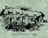Digital Download Antique Illustration Anne Hathaway's Cottage, Warwickshire, Home of Shakespeare's Wife, Vintage drawing, UK, digi stamp