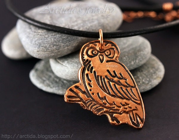 Owl necklace Owl jewelry copper Owl pendant leather cord - owl bird jewelry woodland forest rustic orange brown eco friendly ohtteam rusteam