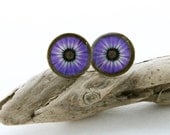 Purple Flower Stud Earrings - 14mm Circle Photo Art Studs - Hypoallergenic