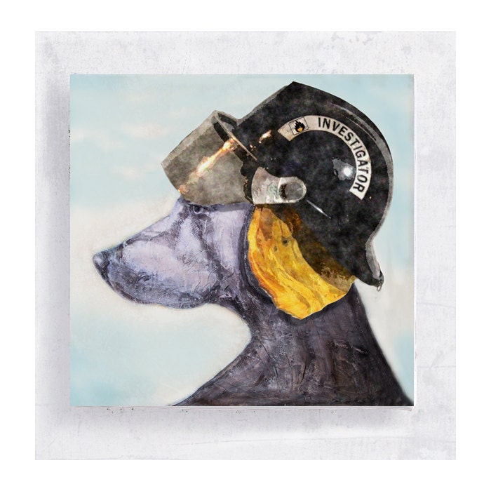 Weimaraner with Fire Inspector Helmet on 5x5 Canvas Print Block  -  inspector Jake -  Animal Portrait -  Home Decor - Wall Art