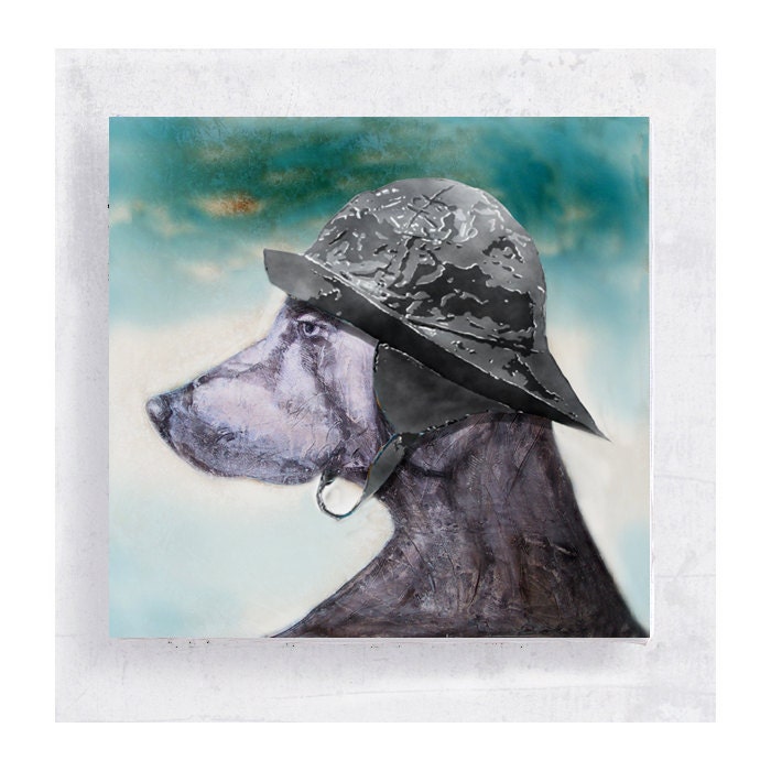 Weimaraner with Sou'wester Hat on 5x5 Canvas Print Block  -  Calm Before the Storm -  Animal Portrait -  Home Decor - Wall Art