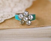 Rhinestone flower.adjustable ,aqua patina ring. tiedupmemories