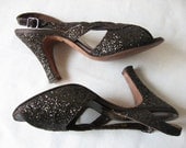 50s Glitter Shoes Vintage Black Peep Toe Slingback Heels 1950s Pumps Size 7