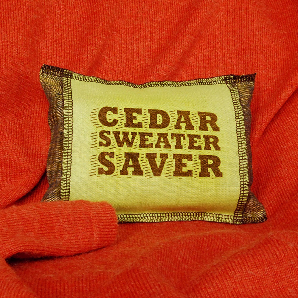 Cedar Sweater Saver Sachet in Rugged Green and Brown Screenprinted Belgian Linen
