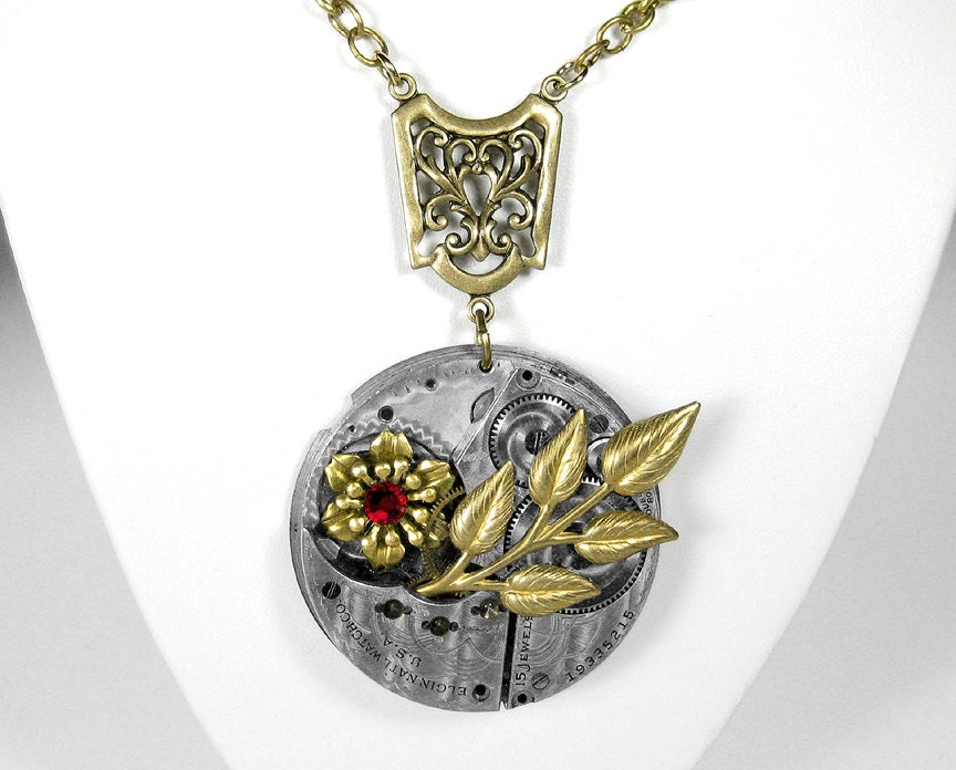 Steampunk Jewelry Women's Necklace Vintage Pocket Watch GUILLOCHE Red Crystal Leaves Flower BREATHTAKING - Steampunk Jewelry by edmdesigns