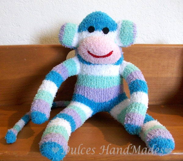 sock monkey plush toy Handmade Stuffed Animal Doll Baby blue, lavender pink white X Large