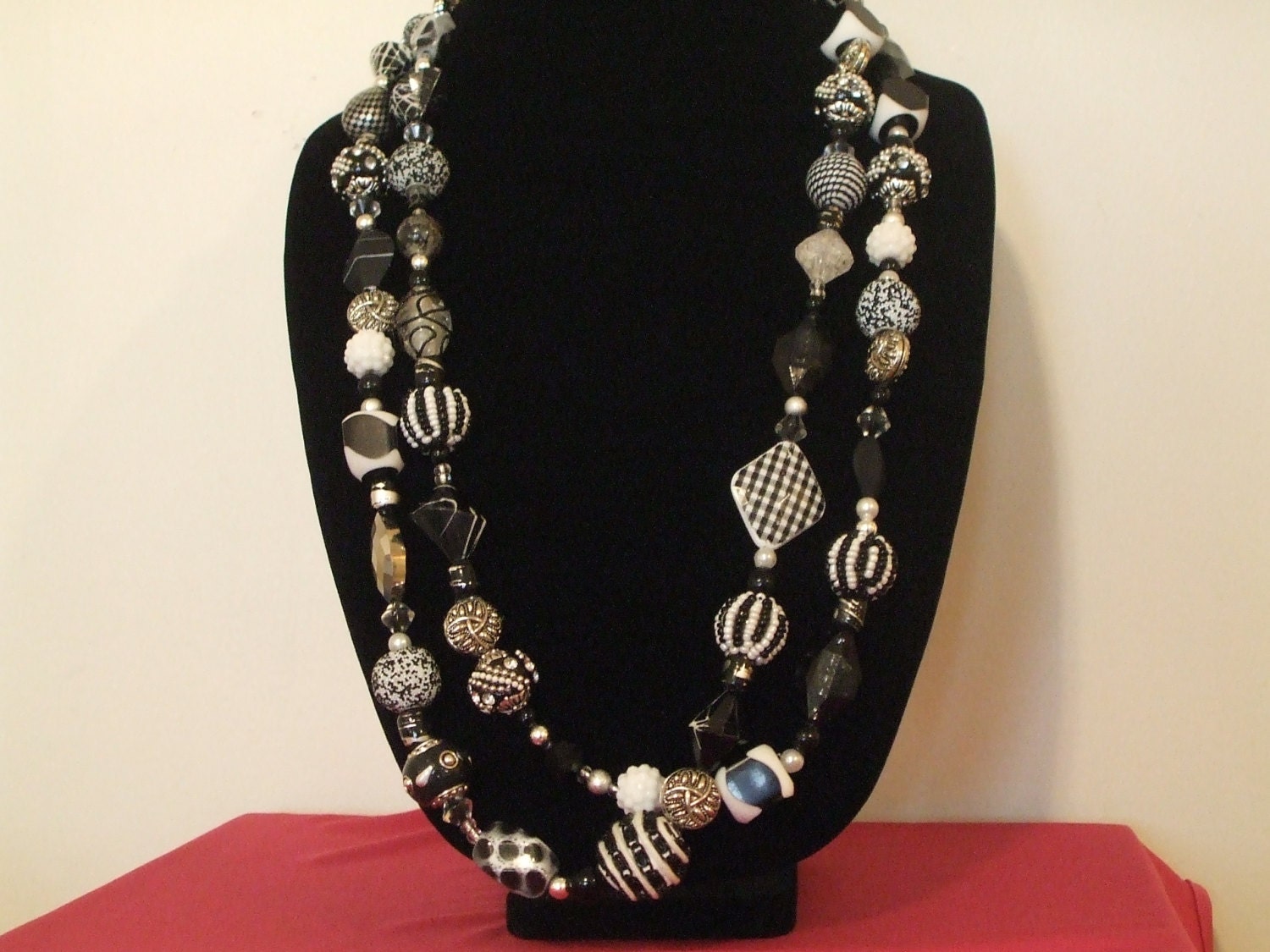 Duel Length-BLACK and WHITE- Handmade-Buttons-Beads-Costume Jewelry Necklace-Statement-High Fashion-"TUXEDO"