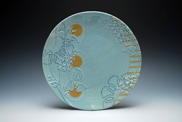 Large handmade plate (Mishima), Serving / dinnerware, Victorian Moroccan floral in Frost turquoise w. Tangerine and Navy detail
