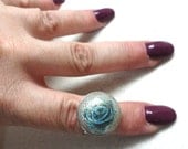 Handmade polymer clay adjustable  jewelry ring turquoise flower rose by Artefyk tagt team