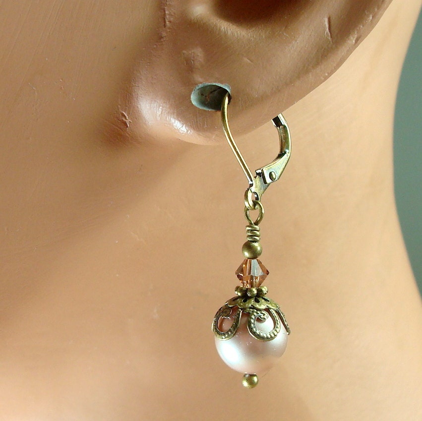 Pearl Earrings , Neo Victorian Jewelry , Antiqued Brass , Art Nouveau Style , Brass Earrings,  Powder Almond Swarovski Pearl