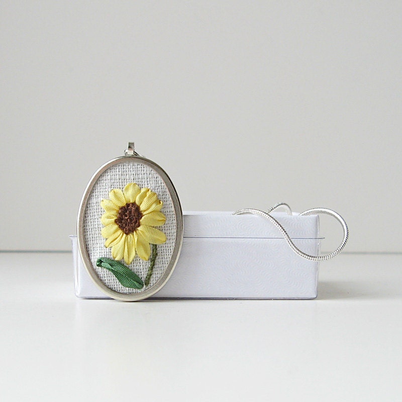 Yellow Sunflower Necklace Pendant silk ribbon embroidery