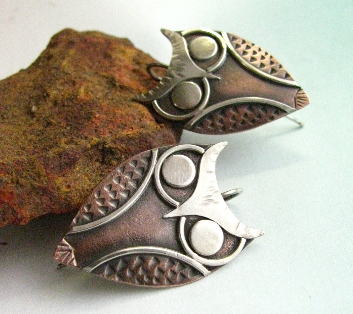 Athena Mixed Metal Sterling Silver And Copper Owl Earrings - Wearable Art Metal Jewelry