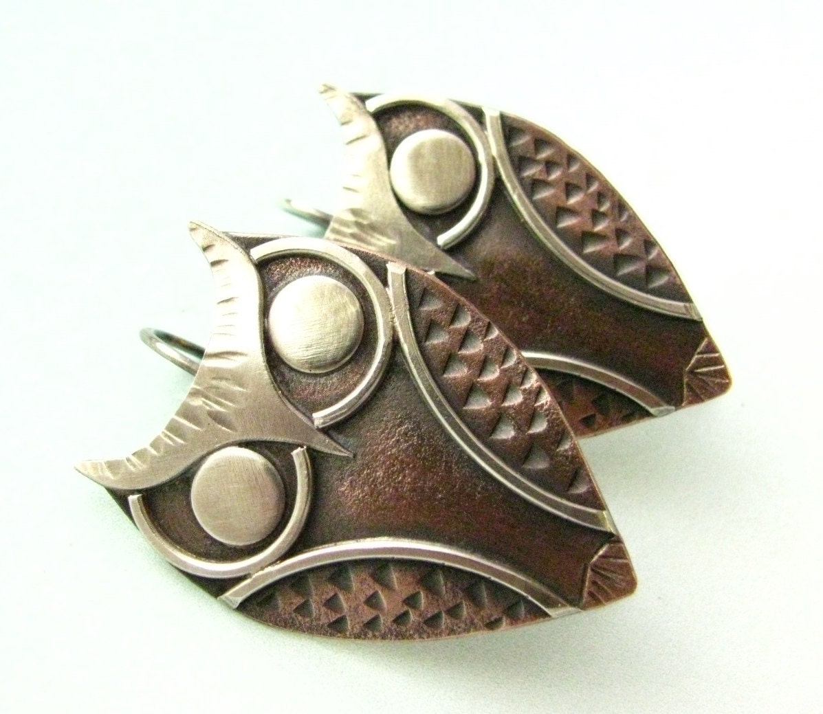 Athena Mixed Metal Sterling Silver And Copper Owl Earrings - Wearable Art Metal Jewelry