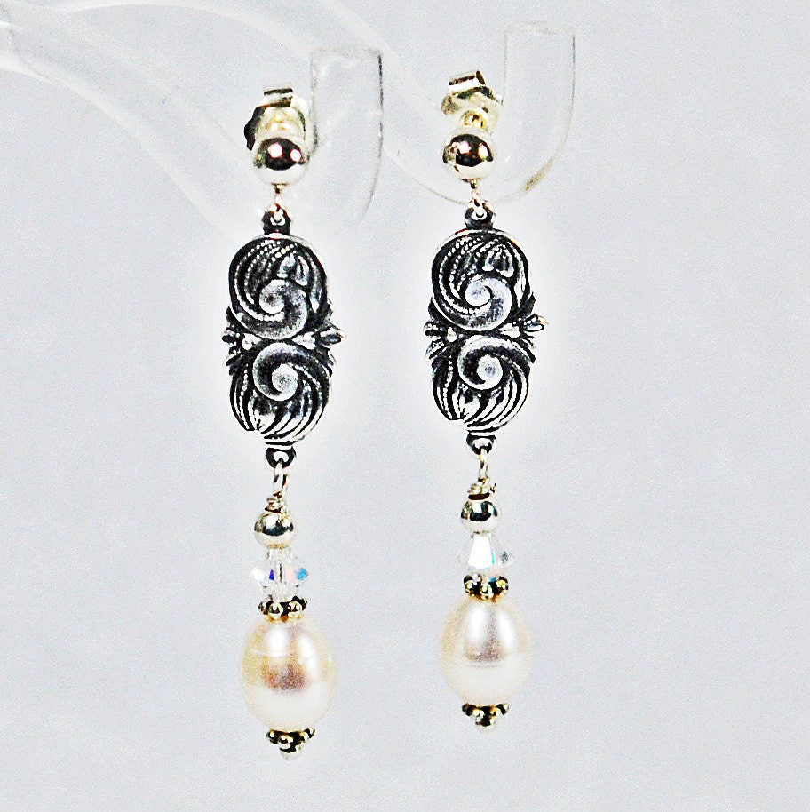 Lady Mary Feather Swirls and Pearl Drop Earrings