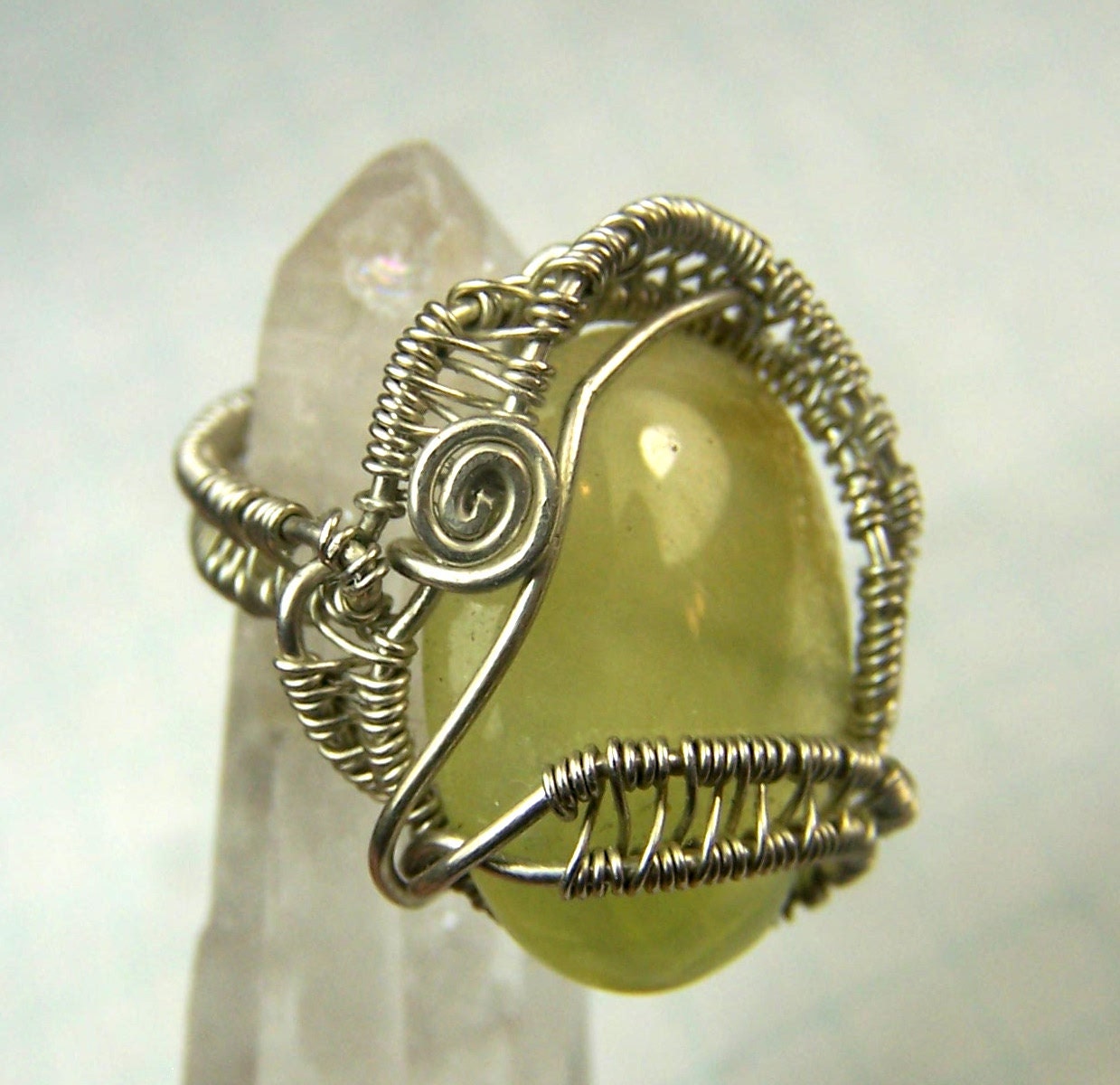 Prehenite and Sterling Silver pinky ring -  wire wrap ring - pinkie ring - size 2 two ring . .Yellow Green pastel stone