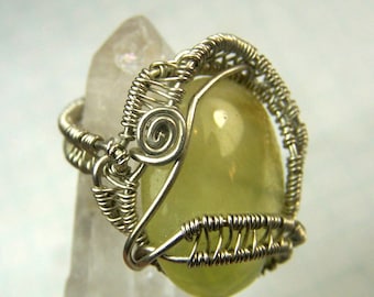 Prehenite and Sterling Silver pinky ring -  wire wrap ring - pinkie ring - size 2 two ring . .Yellow Green pastel stone