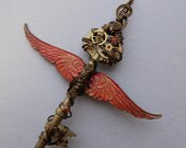 Winged Clockwork Key Pendant -- Steampunk Red-Gold Inked Large Feathered Winged Key with Gears, Swarovski Crystals (A Key to Time)