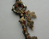 Brass Oak Leaves Key Pendant -- Wire Wrapped Steampunk Key Pendant with Autumn Swarovski Crystals, Antique Brass Wire