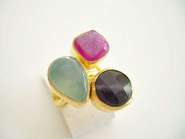 sale sale sale---------Triple Gold plated Green Chalchedony and Pink Druzy ring