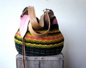 Agatha//in Multi-Colored Hand Woven Warp with Camel Brown Leather and Two-Way Strap