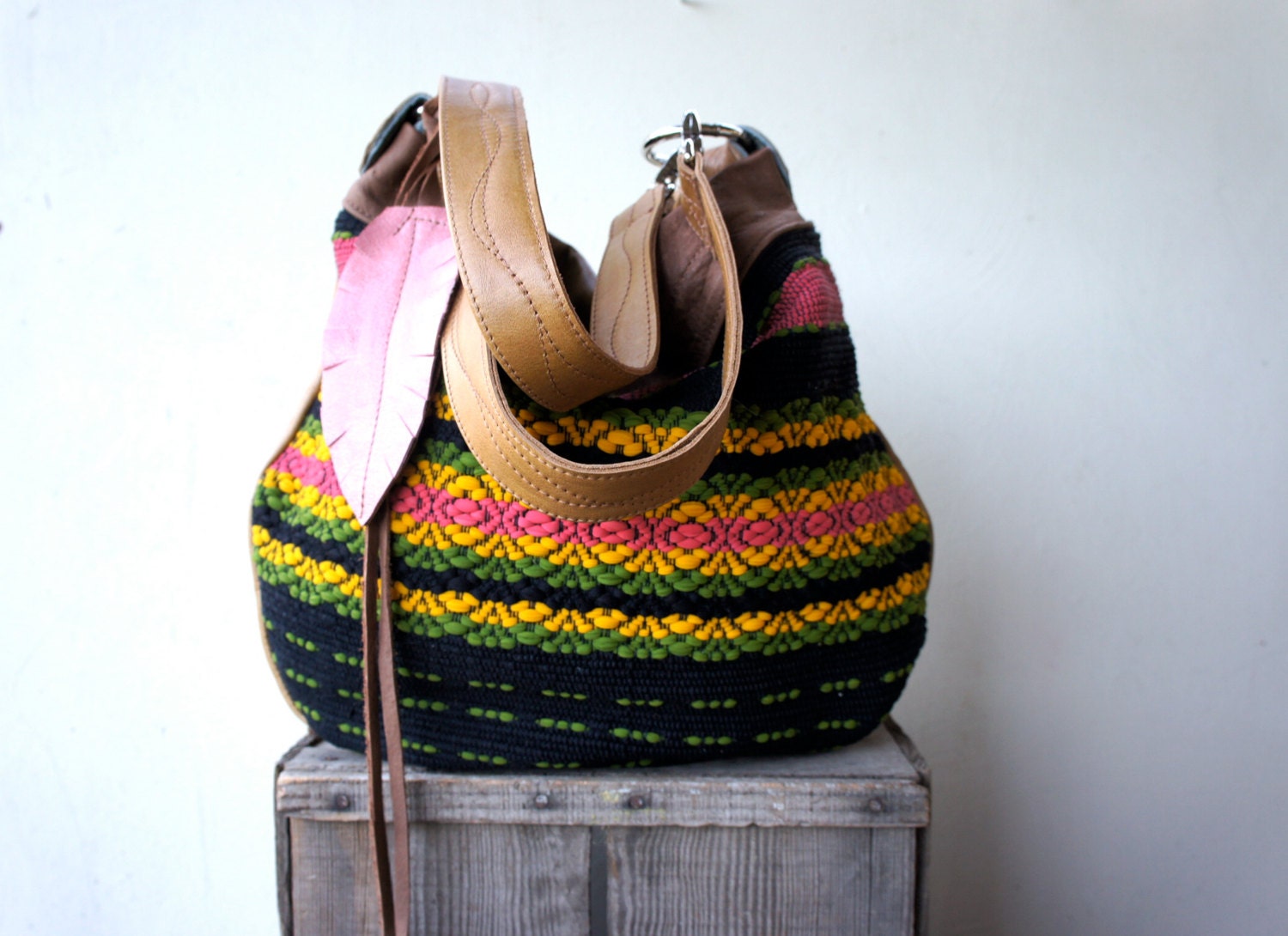 Agatha//in Multi-Colored Hand Woven Warp with Camel Brown Leather and Two-Way Strap
