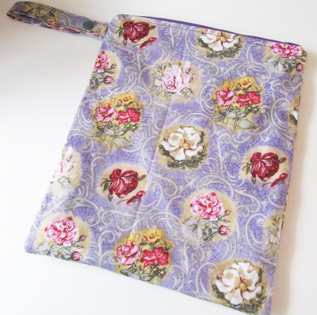 Vintage Mauve with Flowers Wet Bag With Snap Handle and Zipper Closure 9 x 11