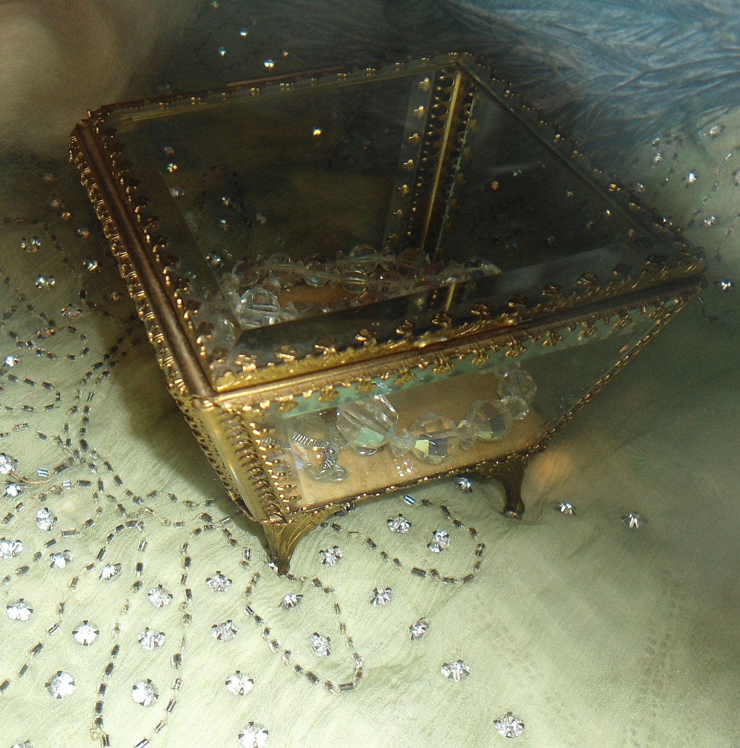Beveled Glass Jewelry Box With Gold Filigree and Velvet