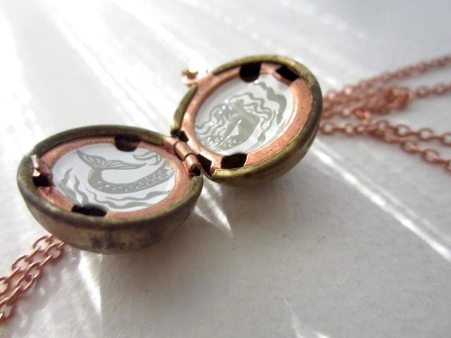 Mermaid Locket Hand-painted Necklace, Pale Grey and White Cameo, Neutral and Elegant