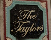 Custom Hand Painted Personalized Plaque with Family Name  24x24 Repurposed Ceiling Tin  with Metal Famly Name