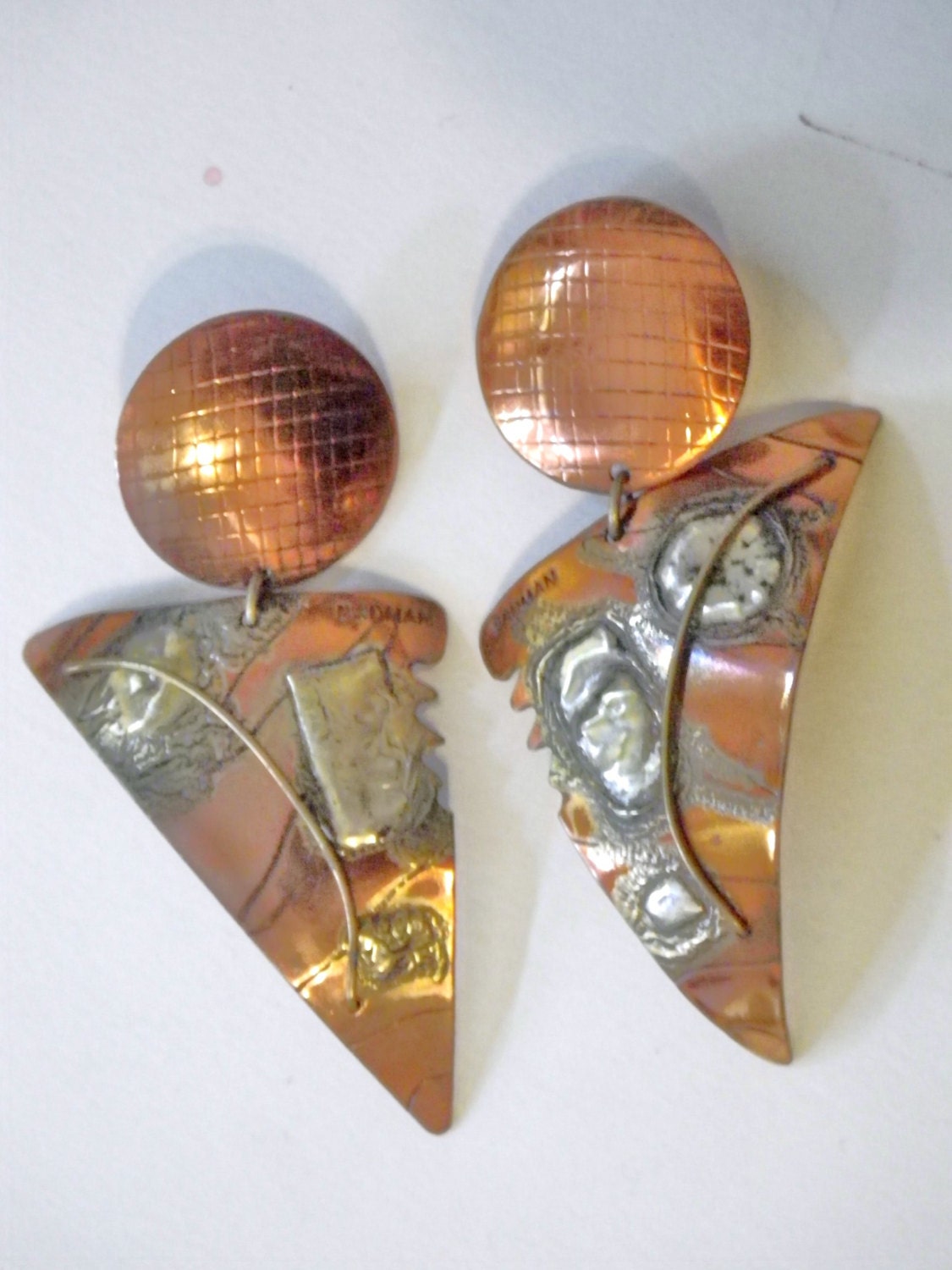 Copper Earrings with Sterling Silver Vintage 80s Avant Garde