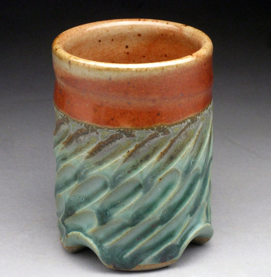 Carved Shino and Green Cup