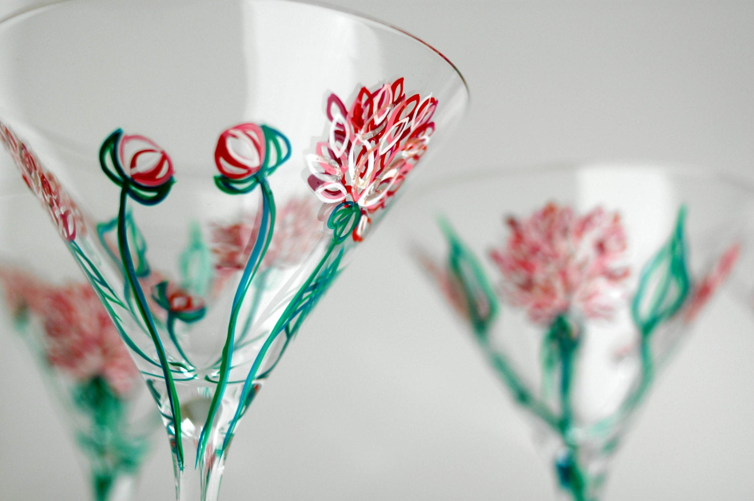 Pink Peonies Martini Glasses--Set of 2 Hand-Painted Cocktail Glasses