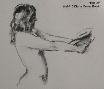 HAT OFF -- 12x18 inch Charcoal drawing on grey paper, unframed, by Diana Moses Botkin