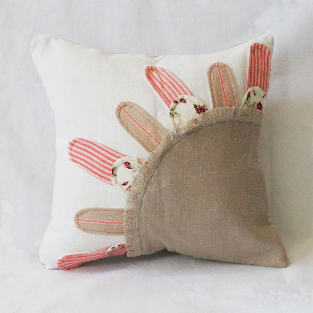 French country - French vintage ticking fabric and antique french linen 13x13 Cushion- eco friendly decorative pillow