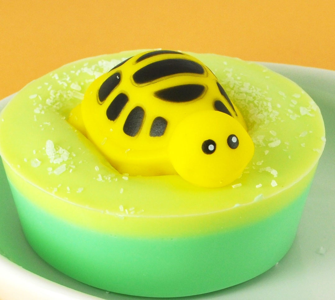 Soap - Turtle Toy Soaps - Kids Soap with Turtle Squirter Bath Toy on top - Sweetie Pie Sweet Grass Scent - Salt Sprinkled Goat's Milk Soap