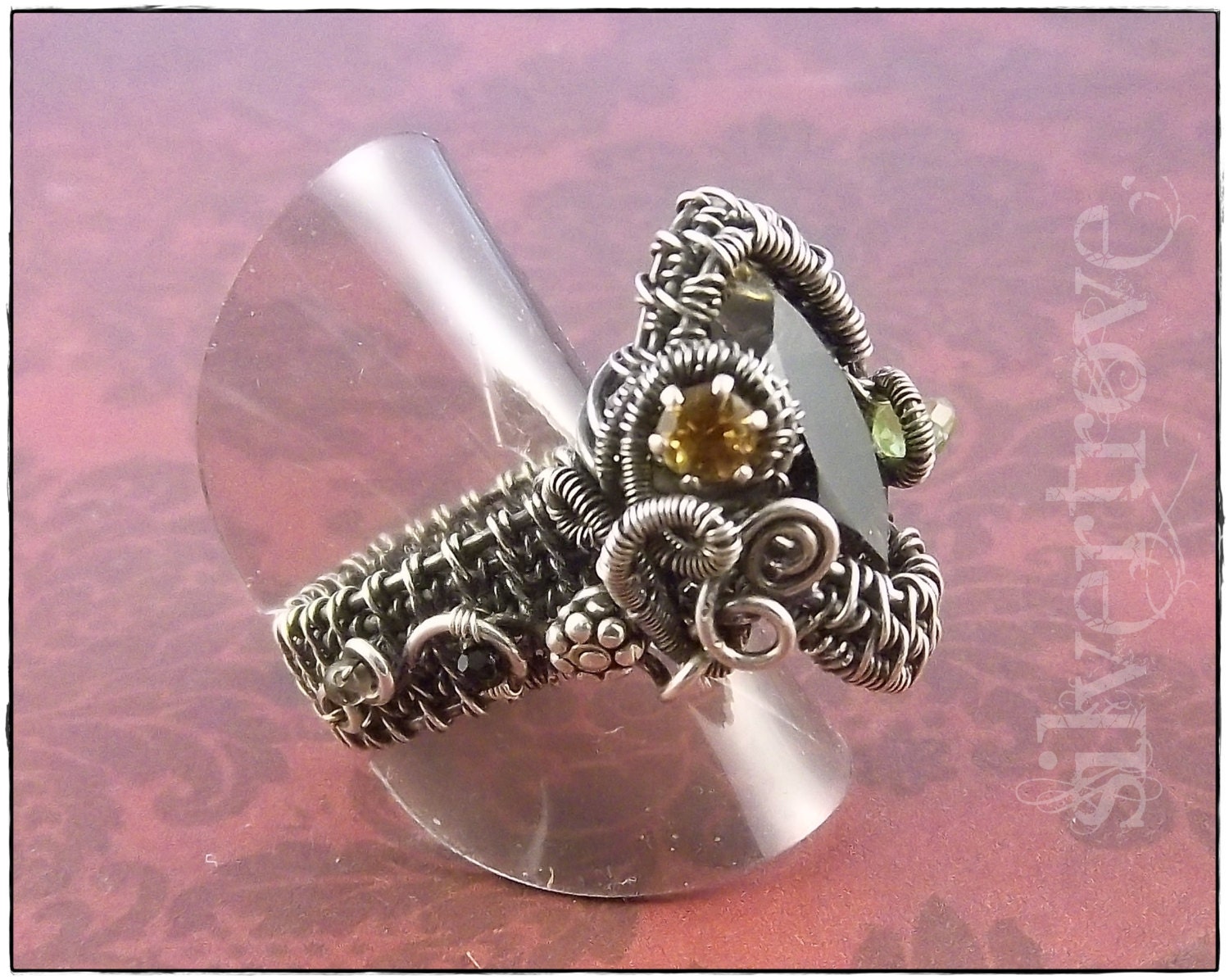 Genesis- Size 8 Wire Woven Multi-Gemstone Ring Smokey Quartz, Citrine, Peridot, Swarovski Crystal- IN STOCK