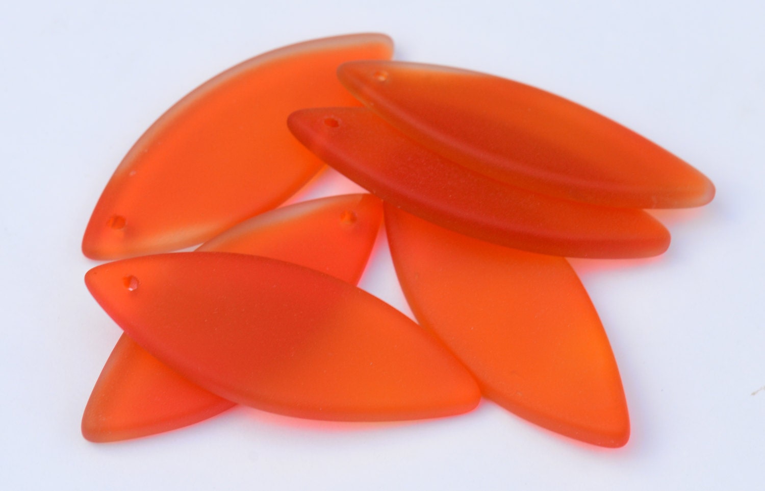 1 Tangerine Sea Glass 46mm x 18mm Spindle Marquise Focal Pendant - Beach Glass