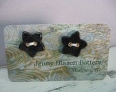 Two Handmade Ceramic Buttons, Black Flowers