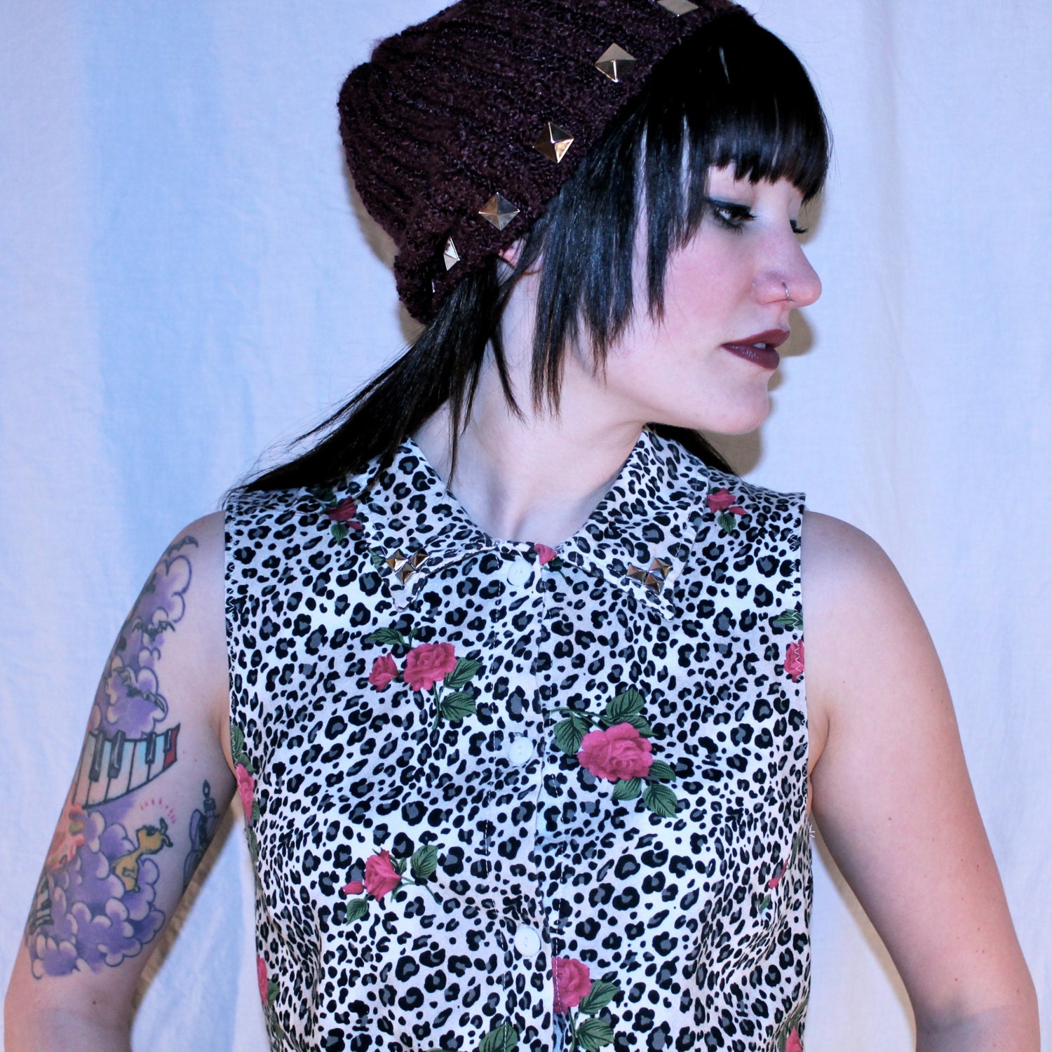 leopard and rose print studded crop top
