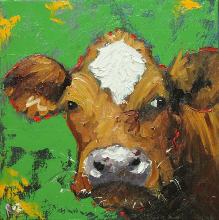 Cow painting 634 12x12 inch original animal portrait oil painting by Roz