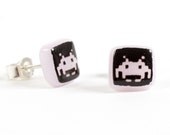 Pink Space Invaders Stud Earrings Glass Black Enamel Sterling Silver 925